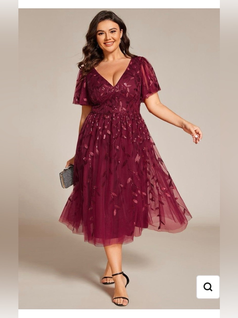 Ever Pretty Plum V-Neck Embroidered Tulle Midi Dress